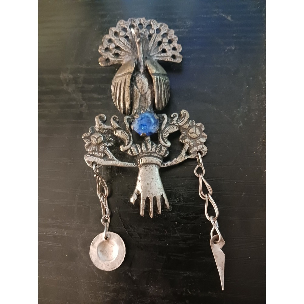 Antique Peruvian Peacock Shawl Pin with Blue glass cabochon stone